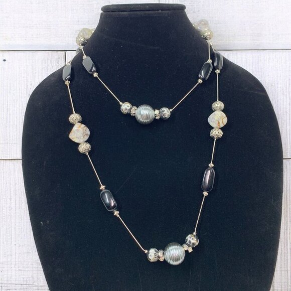 Polished Stone Beaded Station Necklace XL Length Silver White Gold & Black 45"L - Picture 1 of 5